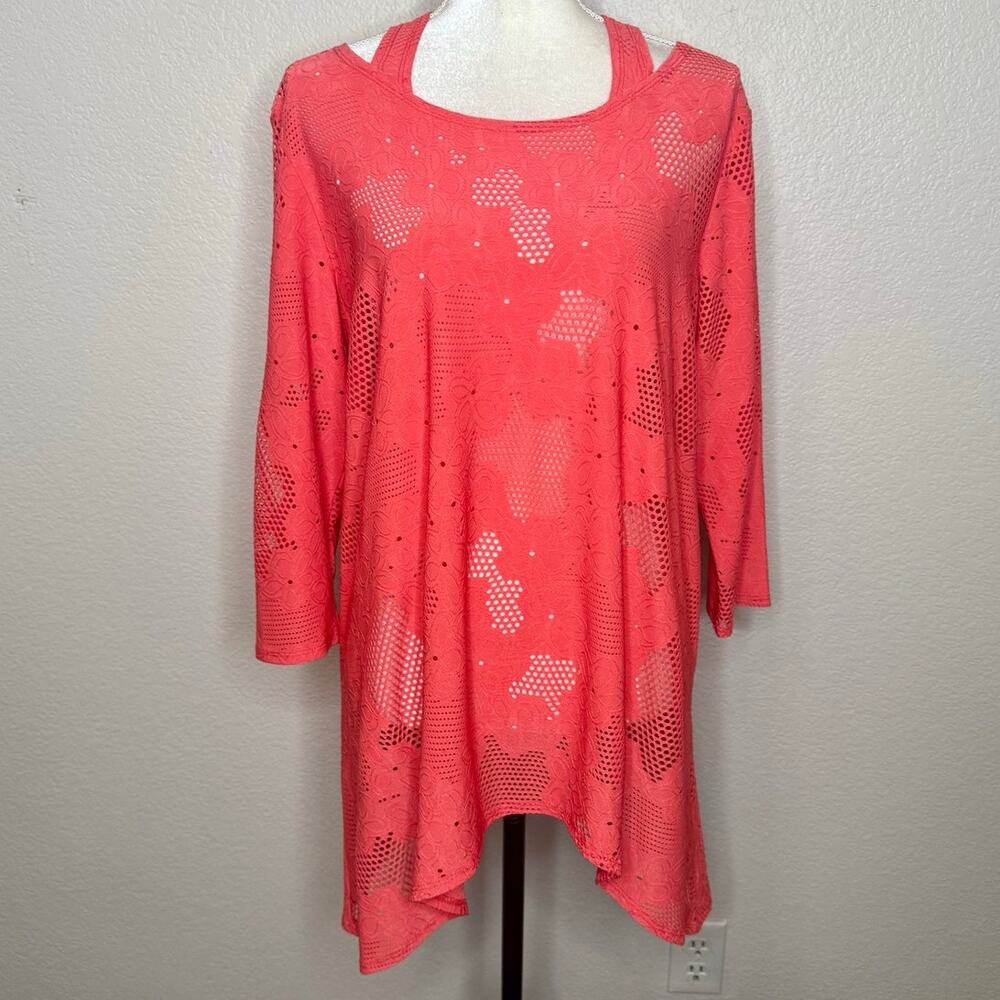 CLARA SUN WOO Women's XL Eyelet Cold Shoulder Tunic Top Orange Cover Up USA - Picture 11 of 11